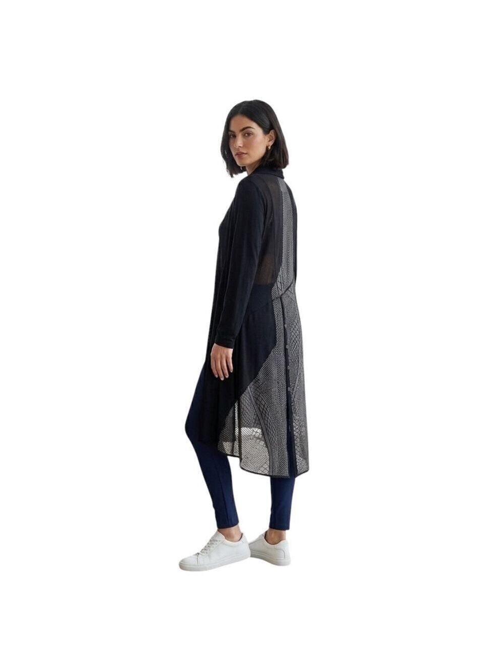 LAUREN BAGLIORE WOOL ASYMMETRICAL SEMI SHEER LONG LINE OPEN CARDIGAN BLACK MED